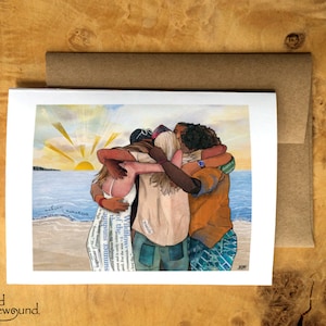 Carte de voeux d’un collage de papier d’un groupe d’amis étreignant à la plage, étreinte de groupe d’océan, art pandémique, connexion - Blank Inside