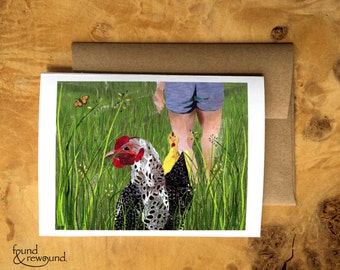 Blank Greeting Card of Chickens in Tall Green Grass in Summer - Paper Collage