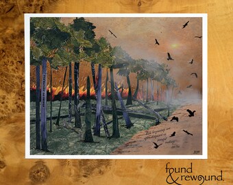 8x10 Art Print of a mixed media collage of birds fleeing from a fire with Lao Tsu quote, new beginnings