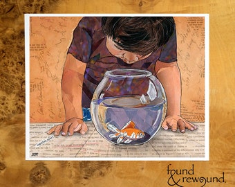 8x10 Art print of a Paper Collage of a little boy looking into a fish bowl, goldfish, childhood, pandemic art, connection - Wall Art