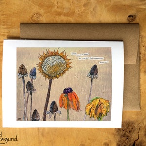 Carte de voeux représentant un collage en papier de fleurs séchées mourantes avec citation de Walter Scott - sympathie - intérieur vierge