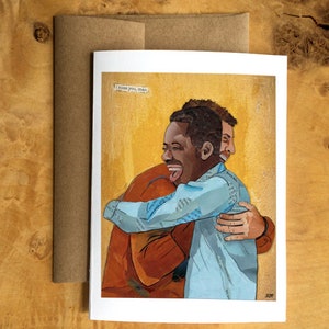 Carte de voeux représentant un collage en papier de deux hommes s'embrassant et riant, amis, amitié, câlin, art pandémique, connexion - Blank Inside