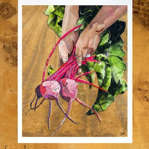 8x10 Art Print of a mixed media collage of hands pulling beets from soil, garden, farming