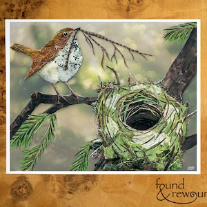 8x10 Art print of a Paper Collage of Swainson's Thrush bird building a nest in a fir tree - Wall Art