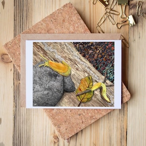 Carte de voeux représentant un collage technique mixte de deux limaces de banane jaunes rampant sur une bûche et une citation inspirante sur les limaces - Blank Inside
