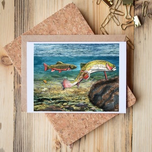 Greeting Card of mixed media collage of brook trout making a redd, Yellowstone - Blank Inside