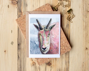 Greeting Card of mixed media collage of a pink mountain goat looking at the viewer with inspirational saying, wildness  -  Blank Inside