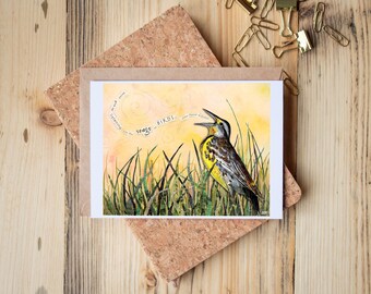 Greeting Card of mixed media collage of a Western Meadowlark singing out in the grass with a John James Audubon quote  -  Blank Inside