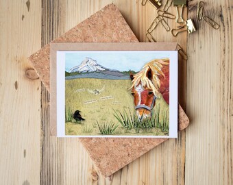 Greeting Card of a mixed media collage of a horse grazing near a red-winged blackbird with Mt Hood near Hood River, Oregon - Blank Inside