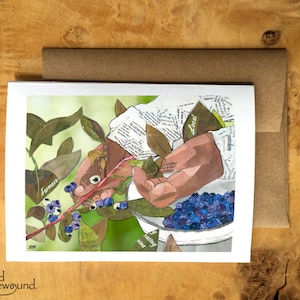 Greeting Card of mixed media collage of hands picking blueberries, farming, farm workers, gardening Blank Inside image 1