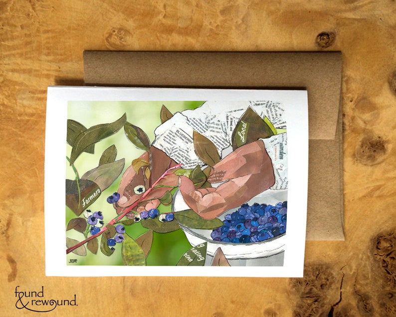 Greeting Card of mixed media collage of hands picking blueberries, farming, farm workers, gardening Blank Inside image 1