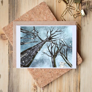 Carte de voeux de collage technique mixte de neige tombant dans une forêt en hiver, lièvre d'Amérique - Blank Inside