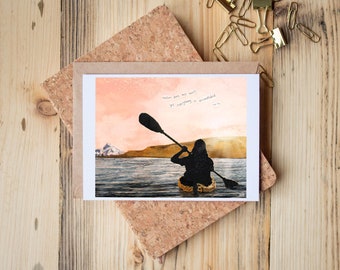 Greeting Card of a mixed media collage of a person kayaking on the Columbia River with Mt Hood near Hood River, Oregon - Blank Inside