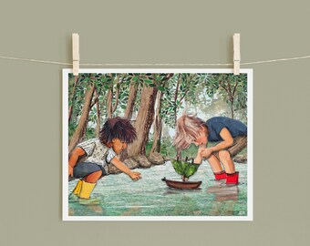 May include: Two children play in a forest setting. One child is wearing a yellow rain boot and is looking at a small green boat floating in a stream. The other child is wearing red rain boots and is looking at the boat.