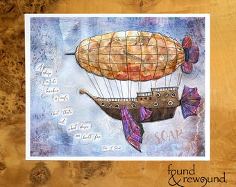 8x10 Art print of a Paper Collage of an Airship Flying with word Soar and John Shedd Quote - Inspirational Wall Art