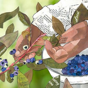 Greeting Card of mixed media collage of hands picking blueberries, farming, farm workers, gardening Blank Inside image 2