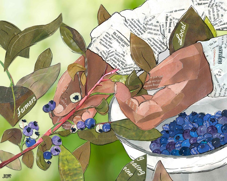 Greeting Card of mixed media collage of hands picking blueberries, farming, farm workers, gardening Blank Inside image 2