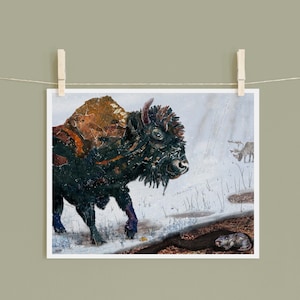 8x10 Art Print of a mixed media collage of a bison in the snow with an elk and gopher, Yellowstone image 1