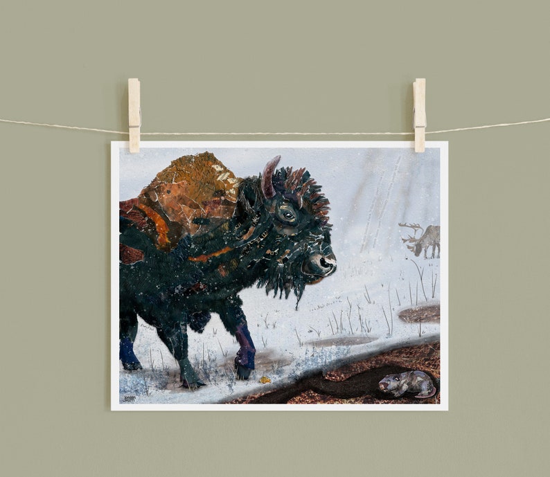 8x10 Art Print of a mixed media collage of a bison in the snow with an elk and gopher, Yellowstone image 1