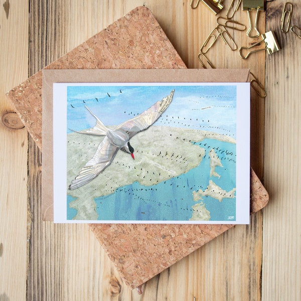 Greeting Card of mixed media collage of Arctic Terns flying over the planet along with other birds migrating around the globe-  Blank Inside