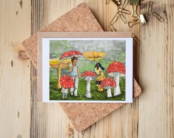 Greeting Card of mixed media collage of people with umbrellas walking among mushrooms, magic, wild, connection to nature -  Blank Inside