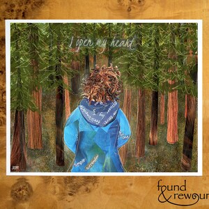 8x10 Art Print of a Woman in the Forest with words &quot;I Open My Heart&quot; - Support Gift - Nature Lover - Wall Art - Prayer - Meditation