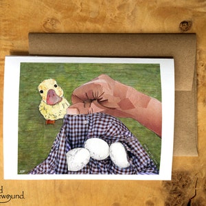 Greeting Card of a duckling looking up at person gathering eggs - farm fresh - eggs - ducks - blank inside - Easter - Mother&#39;s Day