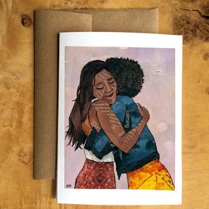 Carte de voeux représentant un collage en papier de deux femmes s'embrassant, petites amies, amitié, câlin, art pandémique, connexion - Blank Inside