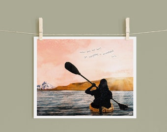 8x10 Art Print of a mixed media collage of a person kayaking on the Columbia River with Mt Hood near Hood River, Oregon