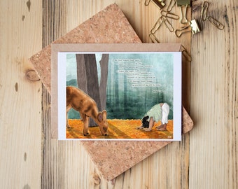 Greeting Card of mixed media collage of a small child and a deer bowing to one another in the forest, namaste prayer  -  Blank Inside