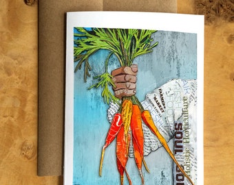 Greeting Card of mixed media collage of a hands holding carrots, gardening, farming - Blank Inside