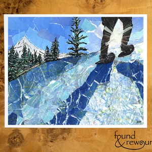 8x10 Art print of a Paper Collage of a Person Snow Shoeing Near Mt. Hood-Oregon - Winter Wall Art