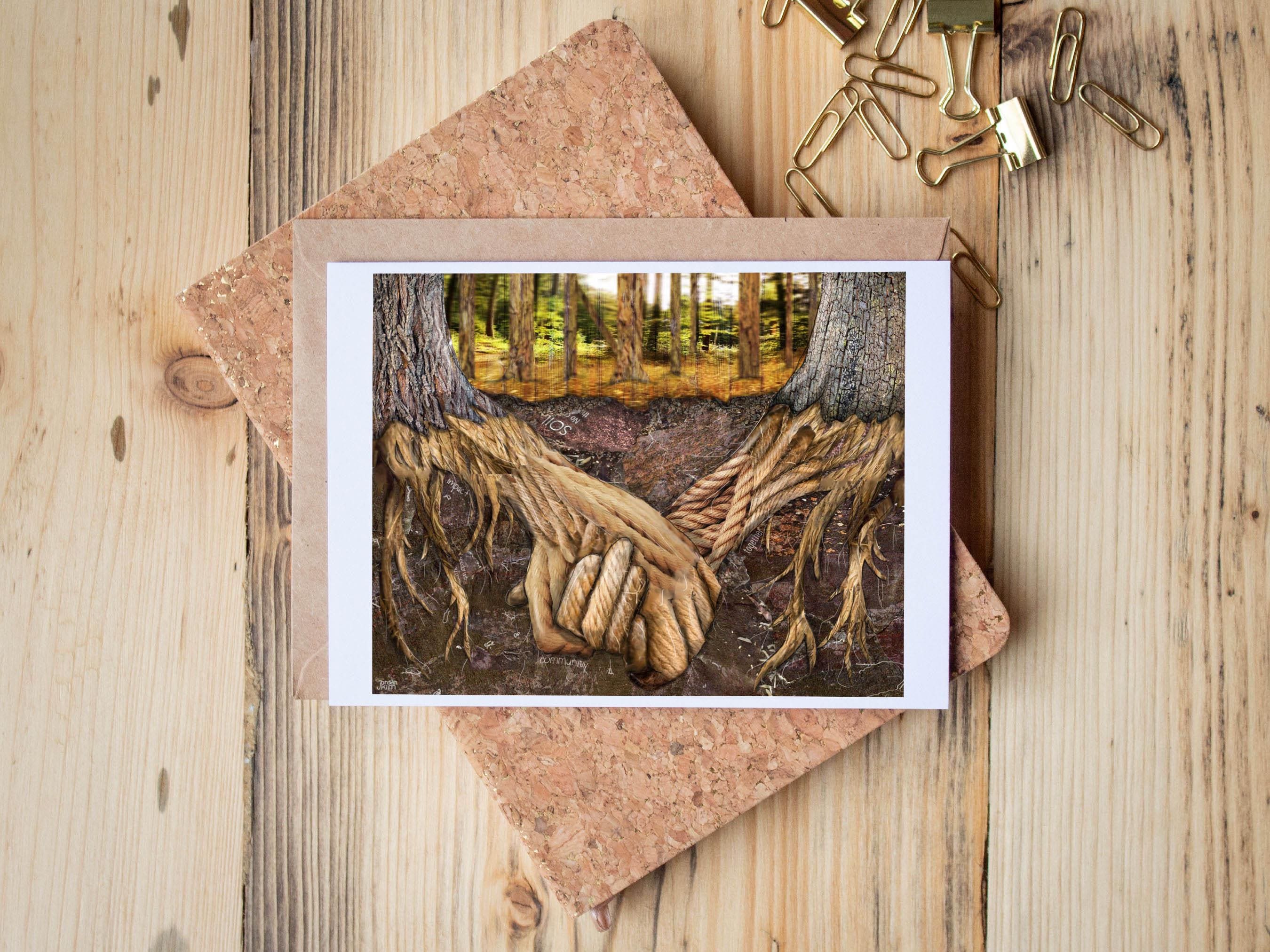 Tree Cards Hand Tree Roots Holding Hands Greeting Card: Mixed Media Collage Art - Etsy