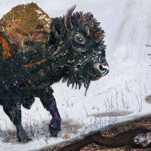 8x10 Art Print of a mixed media collage of a bison in the snow with an elk and gopher, Yellowstone image 2