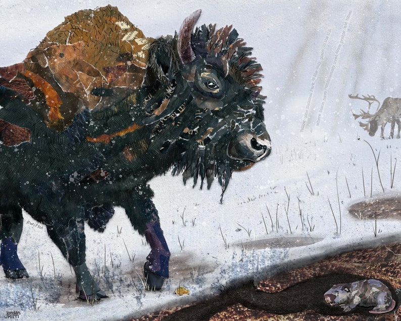 8x10 Art Print of a mixed media collage of a bison in the snow with an elk and gopher, Yellowstone image 2