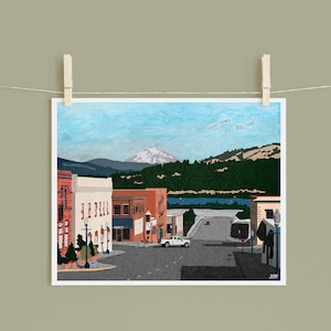 Hood River Oregon Art Print: Columbia River Gorge Mixed Media Collage (8x10)