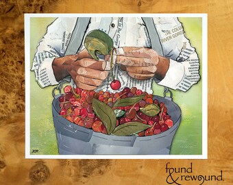 8x10 Art Print of a mixed media collage of person picking cherries, garden, farming, farm labor