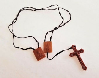 Handmade Vintage Brown Plastic Knotted Scapular Necklace Old Days