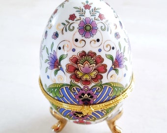 Vintage 3 Legged Hinge Faberge Style Egg Cloisonné Trinket Box | Dainty Trinket Box with Lid | Pill Box | VTG