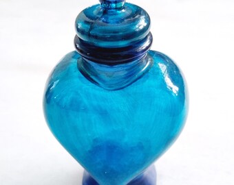 Vintage Glass Blue Heart Shape Bottle | Cork Top | Rare Ambre Colors | Apothecary Magic Potion Bottle