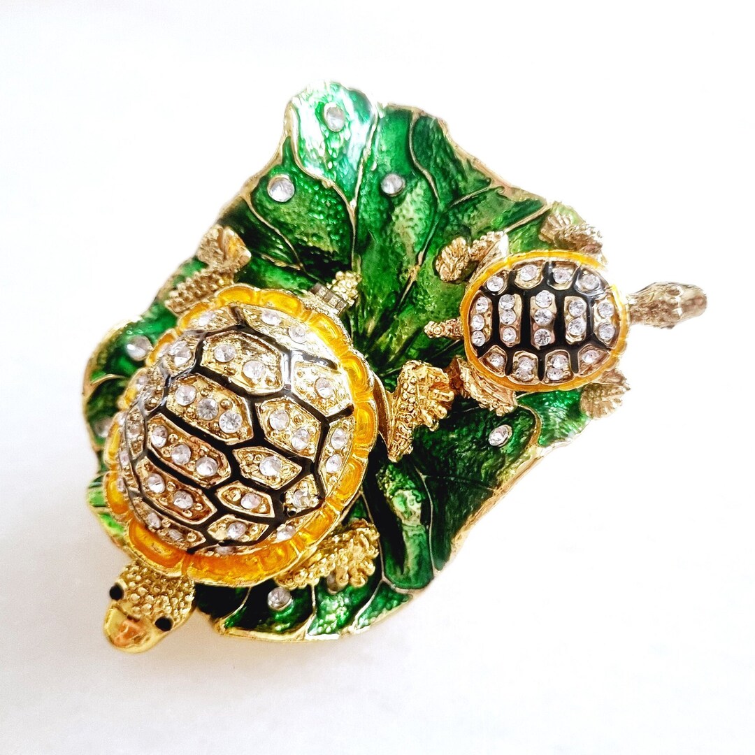 Vintage Pewter Enamel Terrapin Turtle Lotus Leaf Trinket Box Dainty ...
