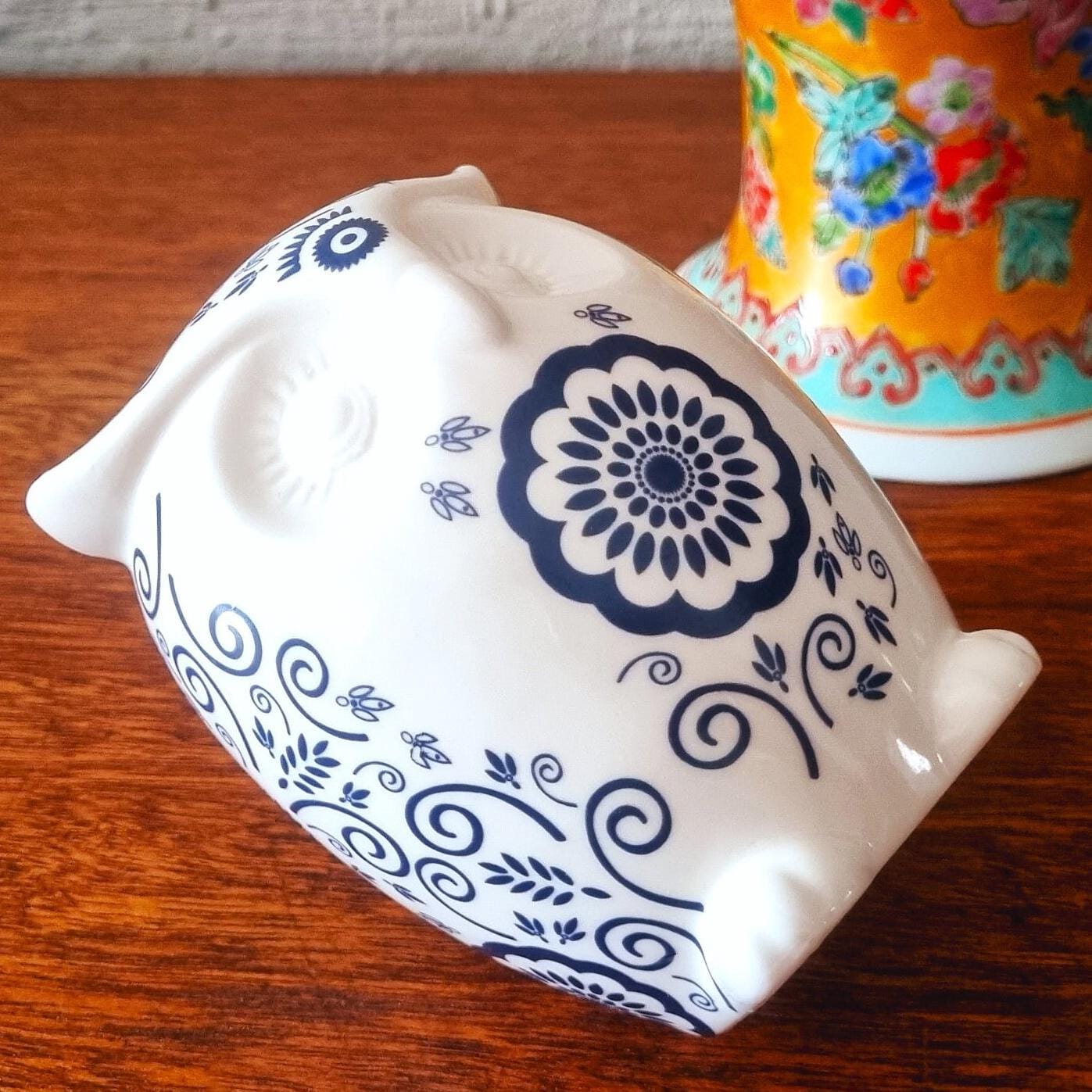 Diffuseur hibou vintage en céramique | Figurine hibou bleu blanc | Aromathérapie |  Grange et potier | Présentoir aviaire Art Déco