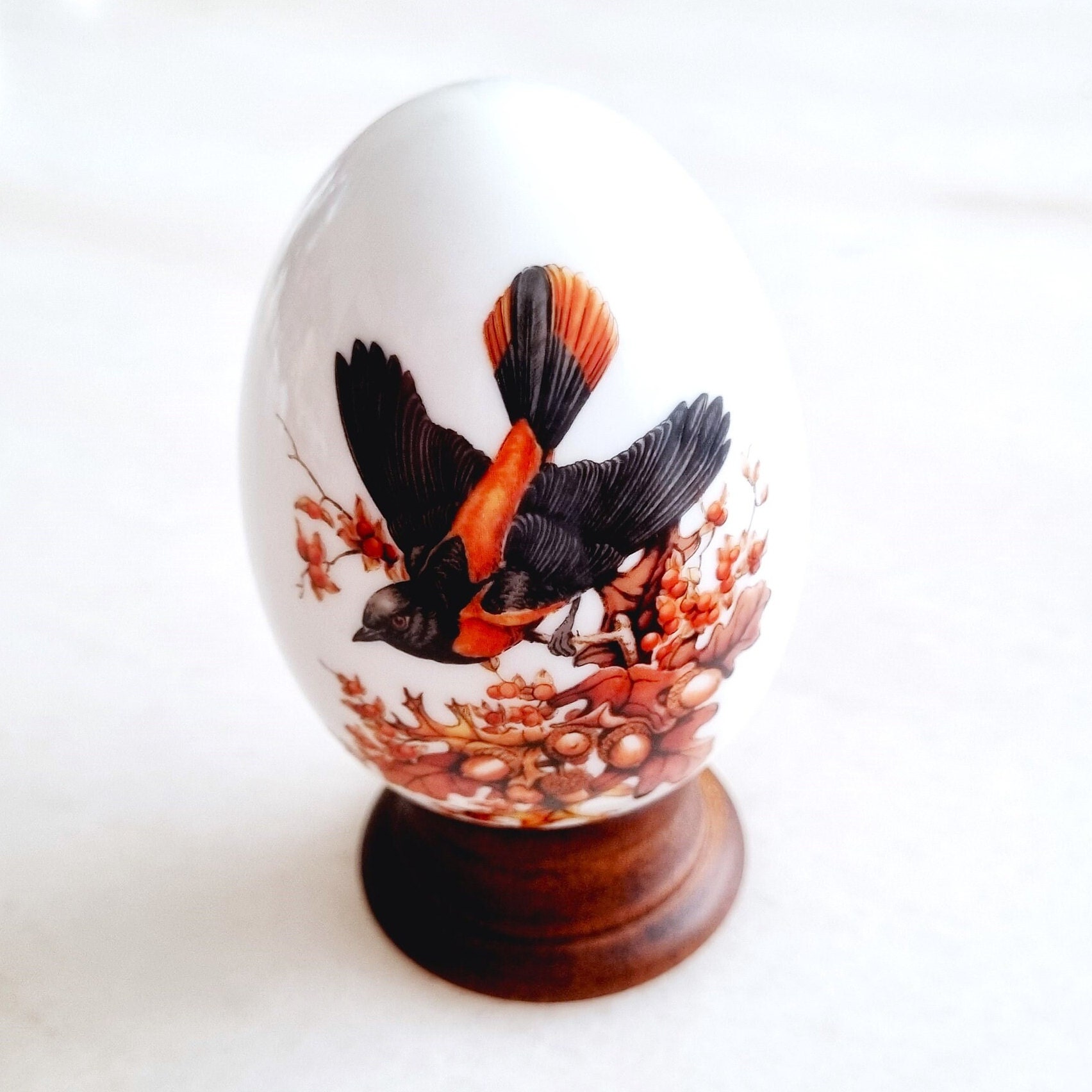   Cheeky Pink “Set” Vintage Porcelain Avon Ornamental Egg | Wooden Stand | Autumn