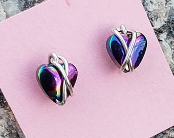 Heart shaped, titanium hematite,  rainbow colors, stud  sterling silver, wire, gift for her. Valentines  Day, love, romance