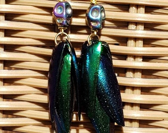 Jewel beetle wing earrings, emerald green, irridescent, titanium hematite skulls, hypo allergenic, nature jewelry, elytra, long earrings