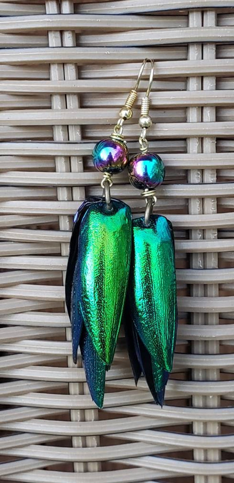 Jewel beetle wing earrings, emerald green, irridescent, beads, rainbow hematite beads nature jewelry, elytra, long earrings image 4