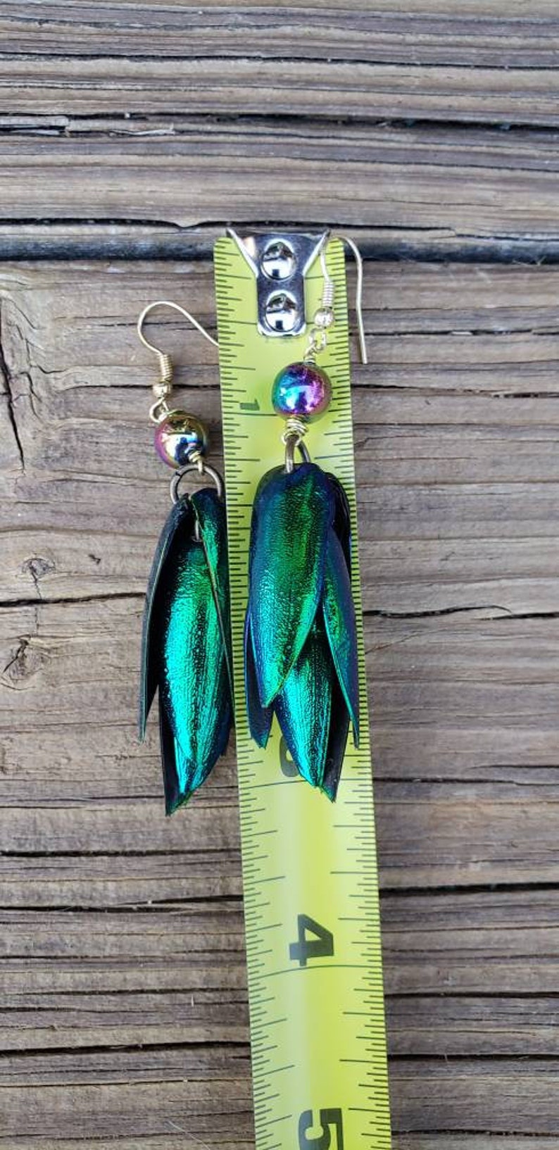 Jewel beetle wing earrings, emerald green, irridescent, beads, rainbow hematite beads nature jewelry, elytra, long earrings image 5