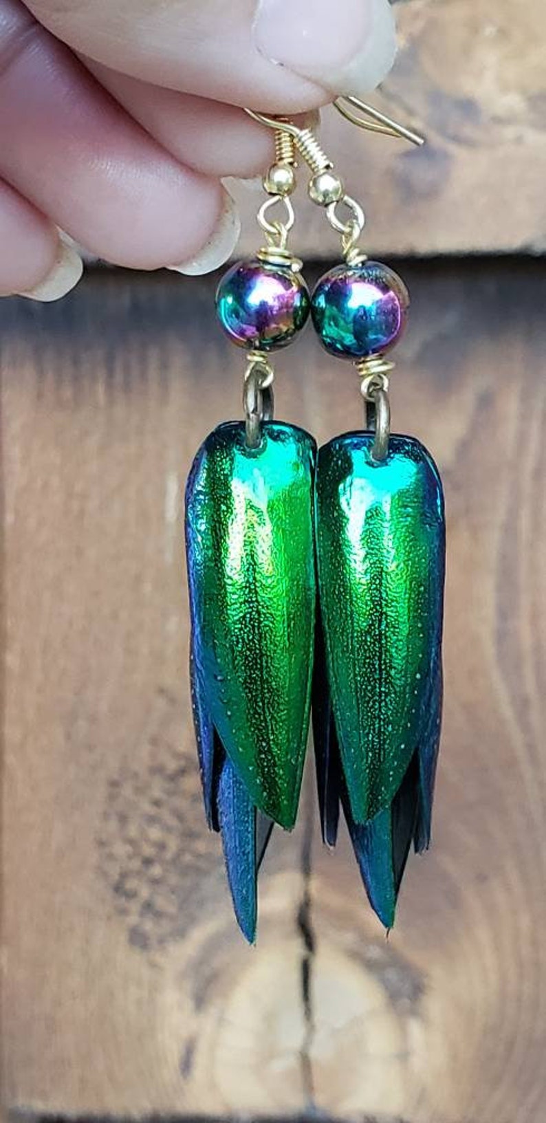 Jewel beetle wing earrings, emerald green, irridescent, beads, rainbow hematite beads nature jewelry, elytra, long earrings image 2