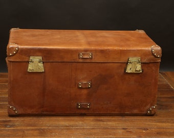 Steamer trunk, all leather and brass, with Fichet locks