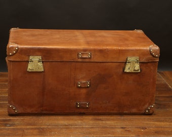 Steamer trunk, all leather and brass, with Fichet locks